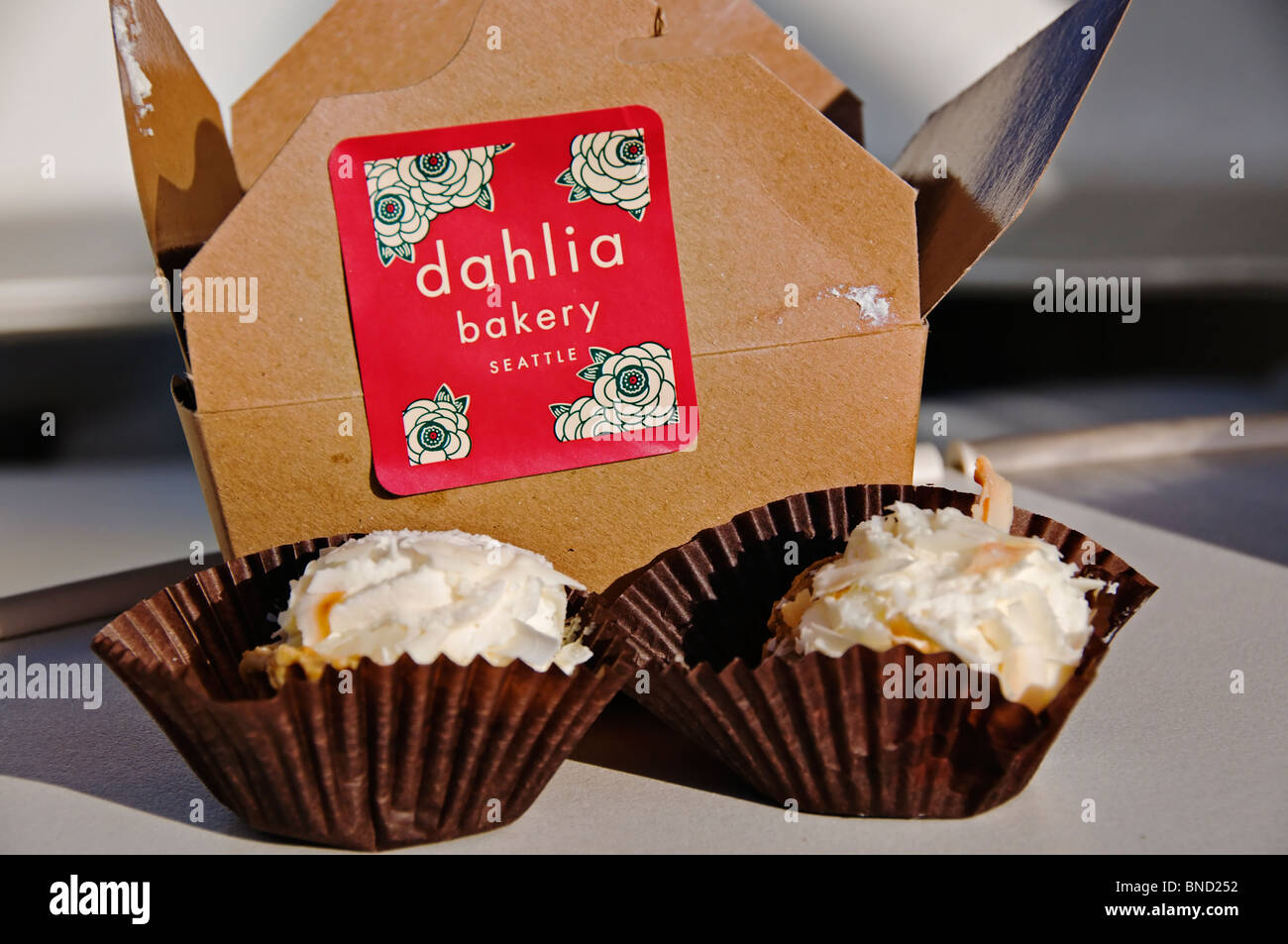 Two coconut cream pie bites are shown in front of bakery box from Dahlia Bakery in Seattle, Washington. Stock Photo