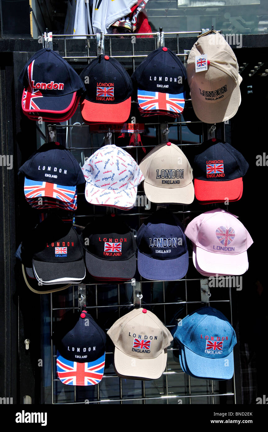 Souvenir caps outside shop, Piccadilly Circus, West End, The City of Westminster, Greater London, England, United Kingdom Stock Photo