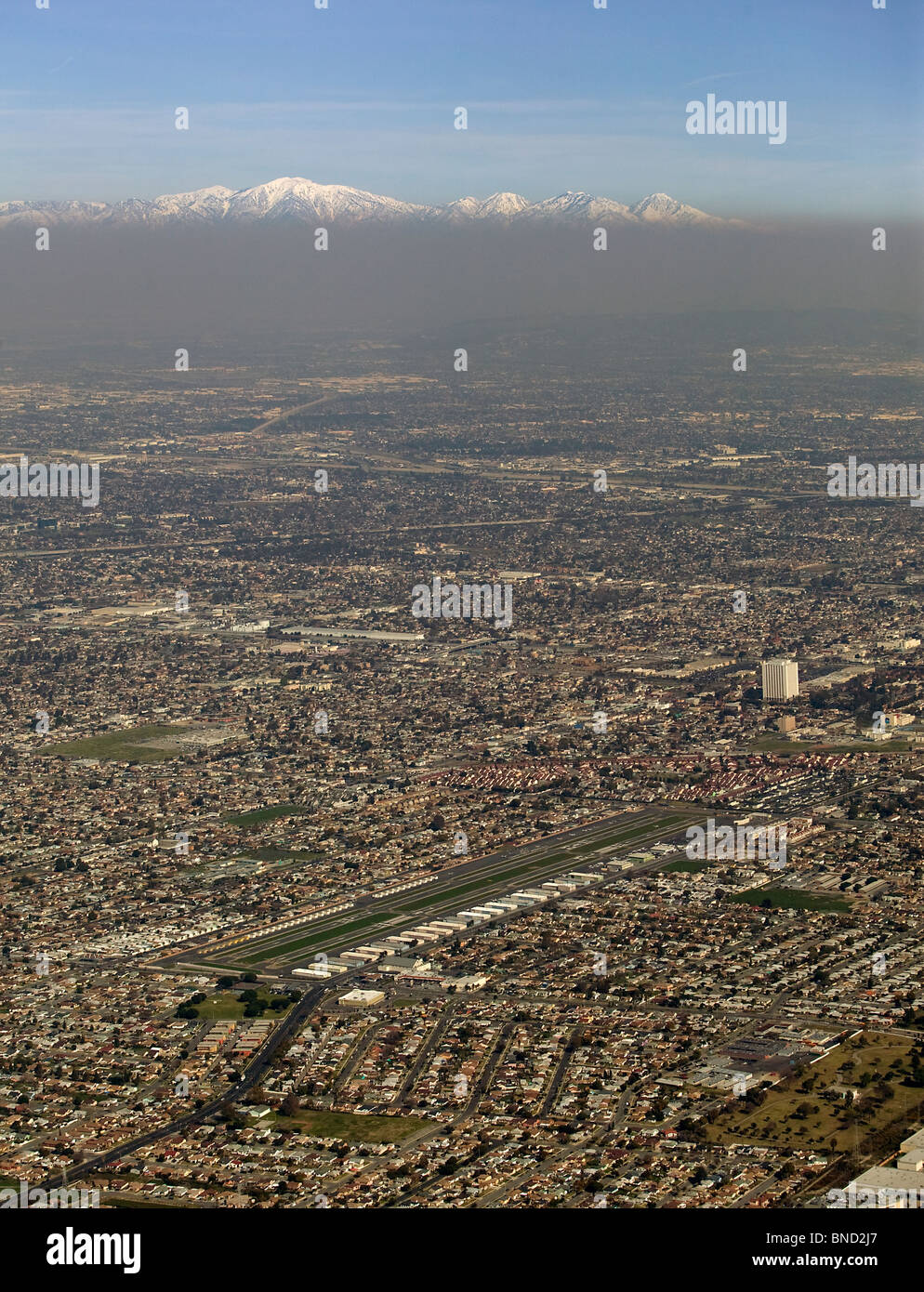 aerial above San Fernando Valley air pollution smog Burbank airport California Stock Photo