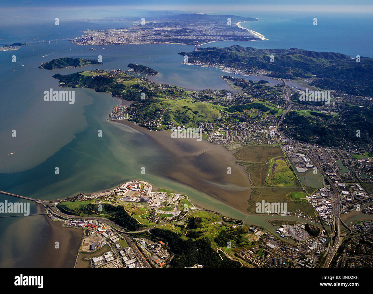 aerial view above Marin county to San Francisco Stock Photo