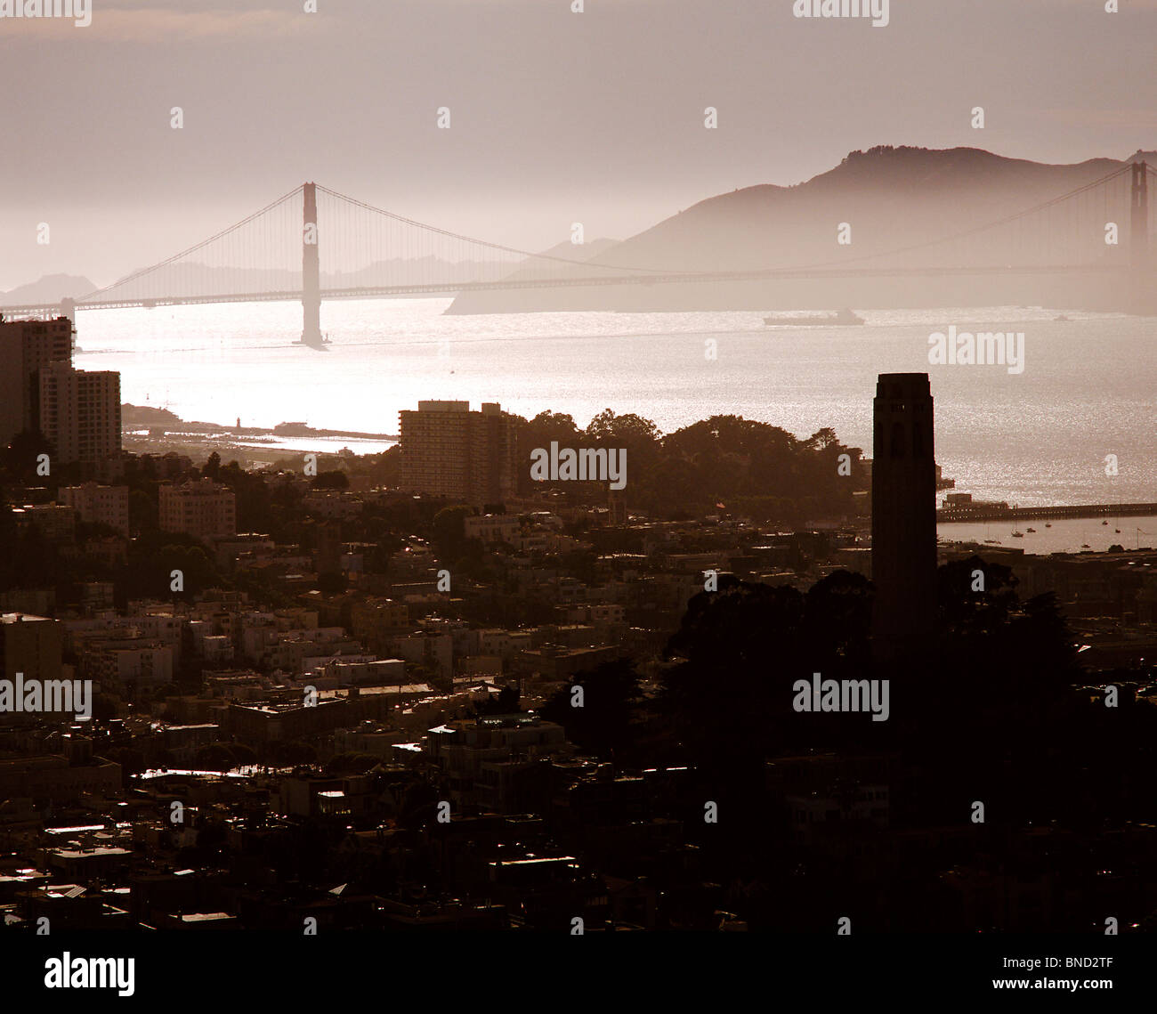 aerial view above Coit Tower Telegraph Hill Golden Gate bridge San Francisco California Stock Photo