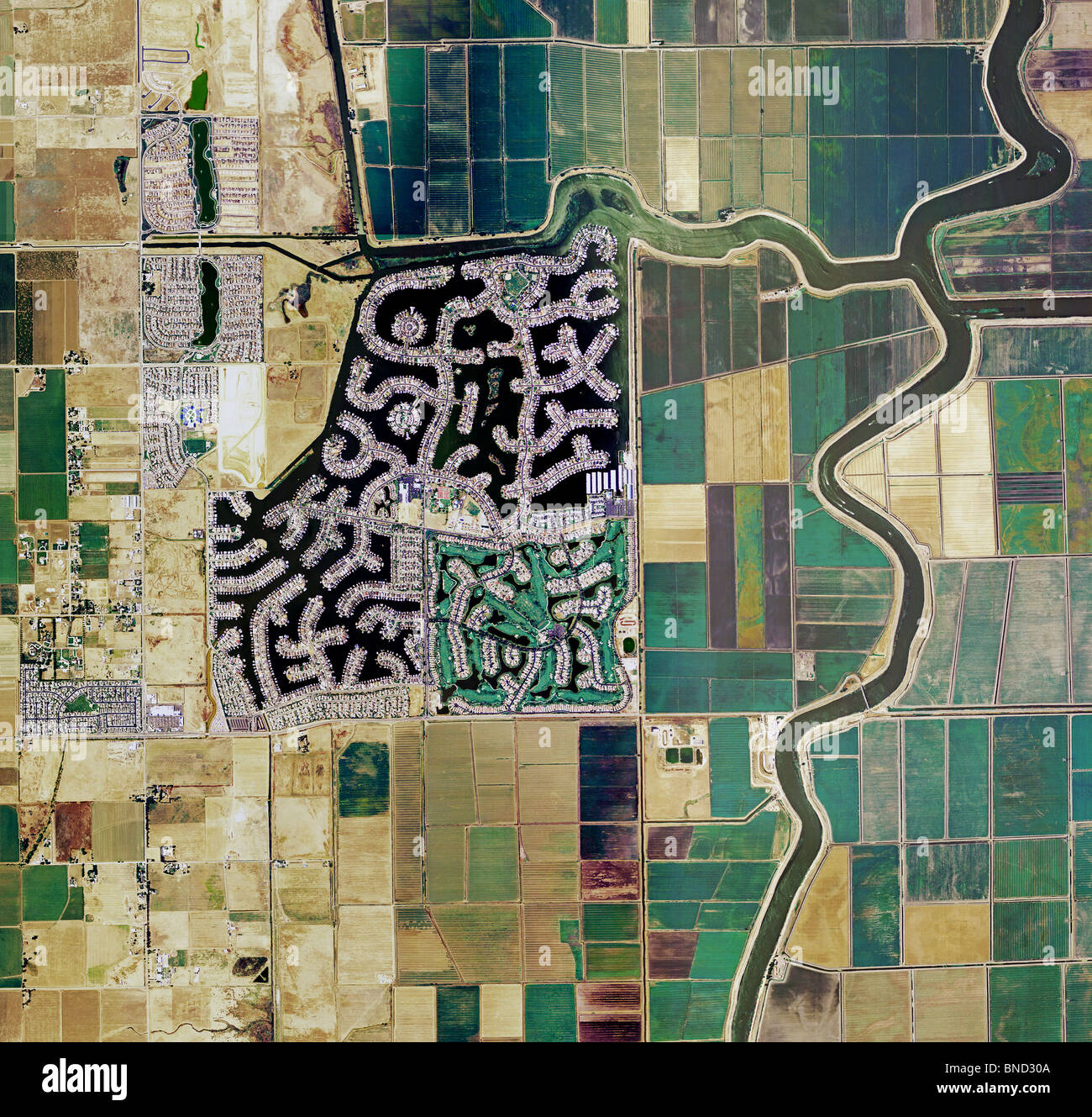 aerial map view above Discovery Bay residential development farmland water channels Contra Costa county California Stock Photo