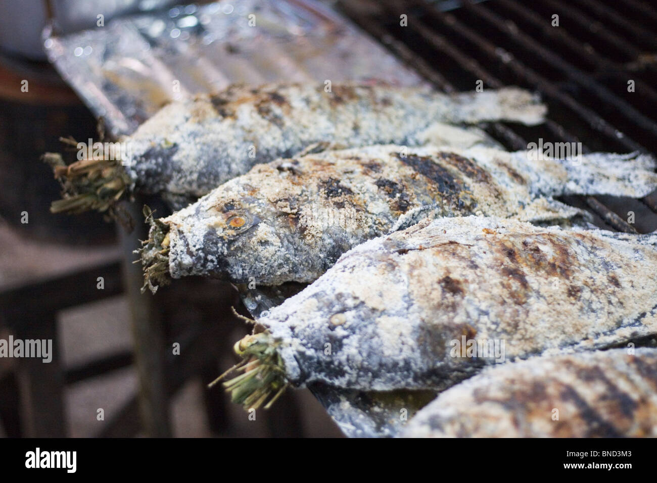 Grilled fish stuffed with lemongrass in a Thai food market, Nong Khai, Thailand Stock Photo