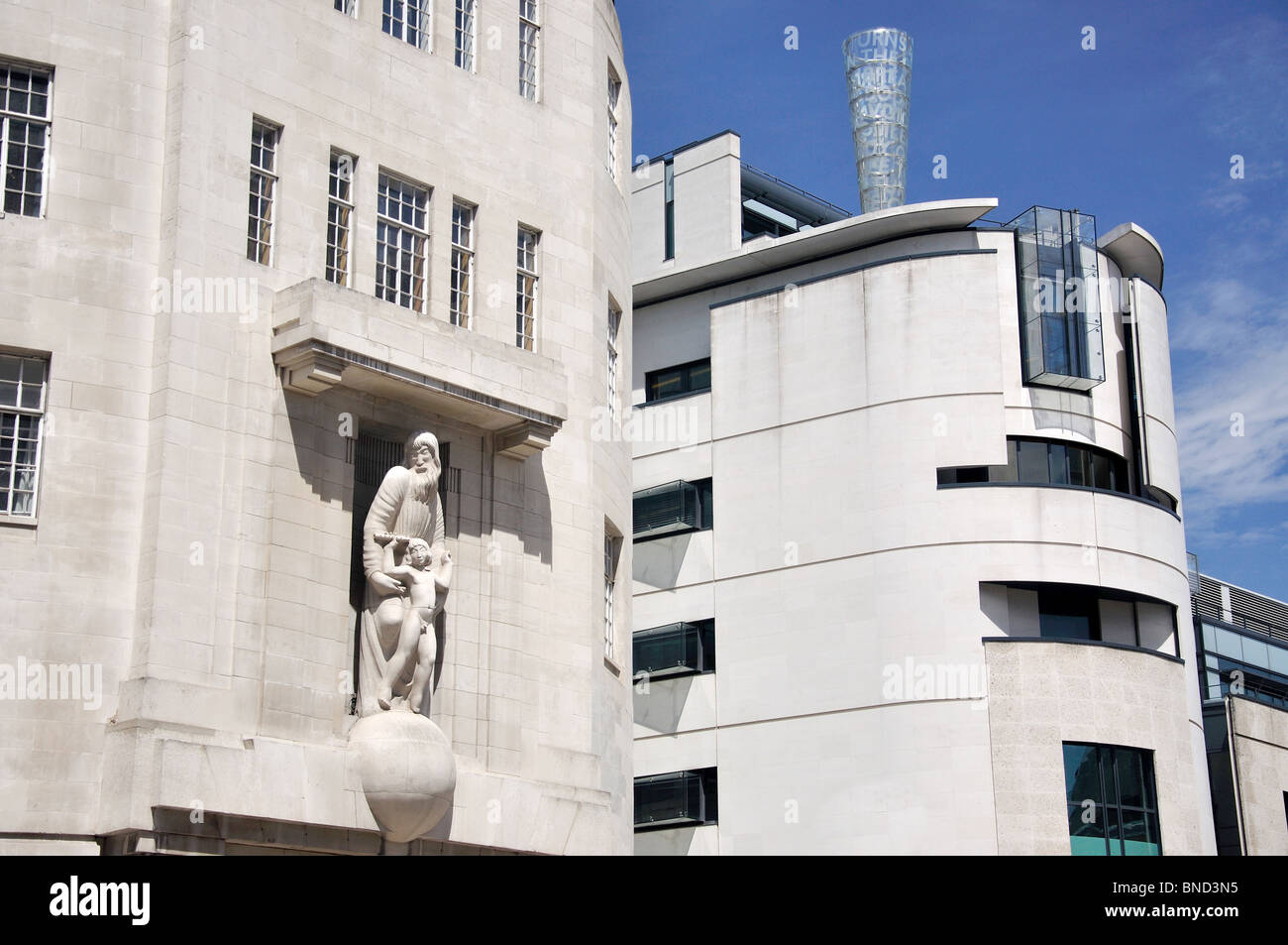 BBC Broadcasting House (art deco) and Egton Wing, Portland Place, City of Westminster, London, England, United Kingdom Stock Photo