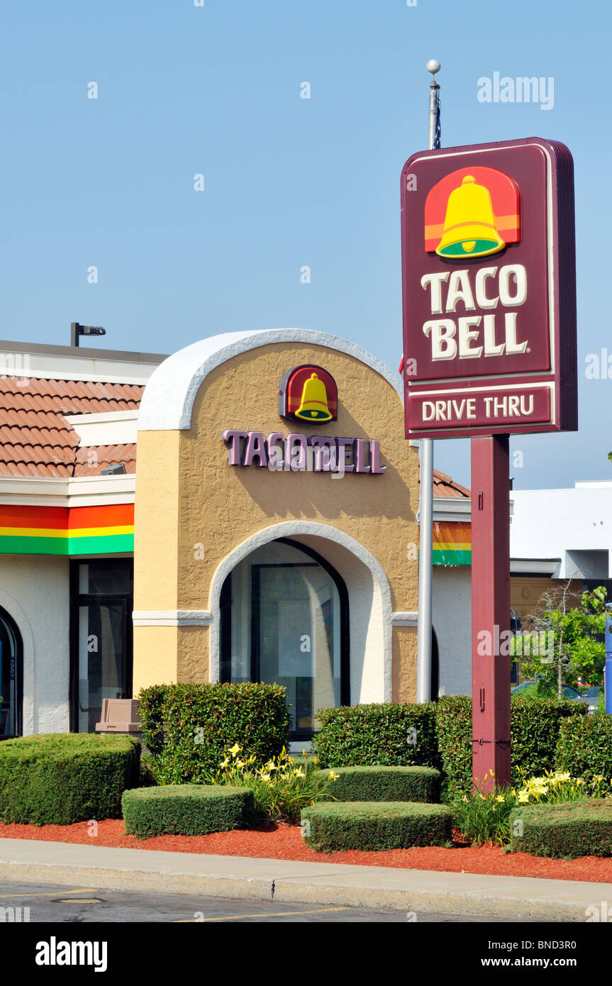 Exterior of Taco Bell fast food restaurant with sign  and logo. USA Stock Photo