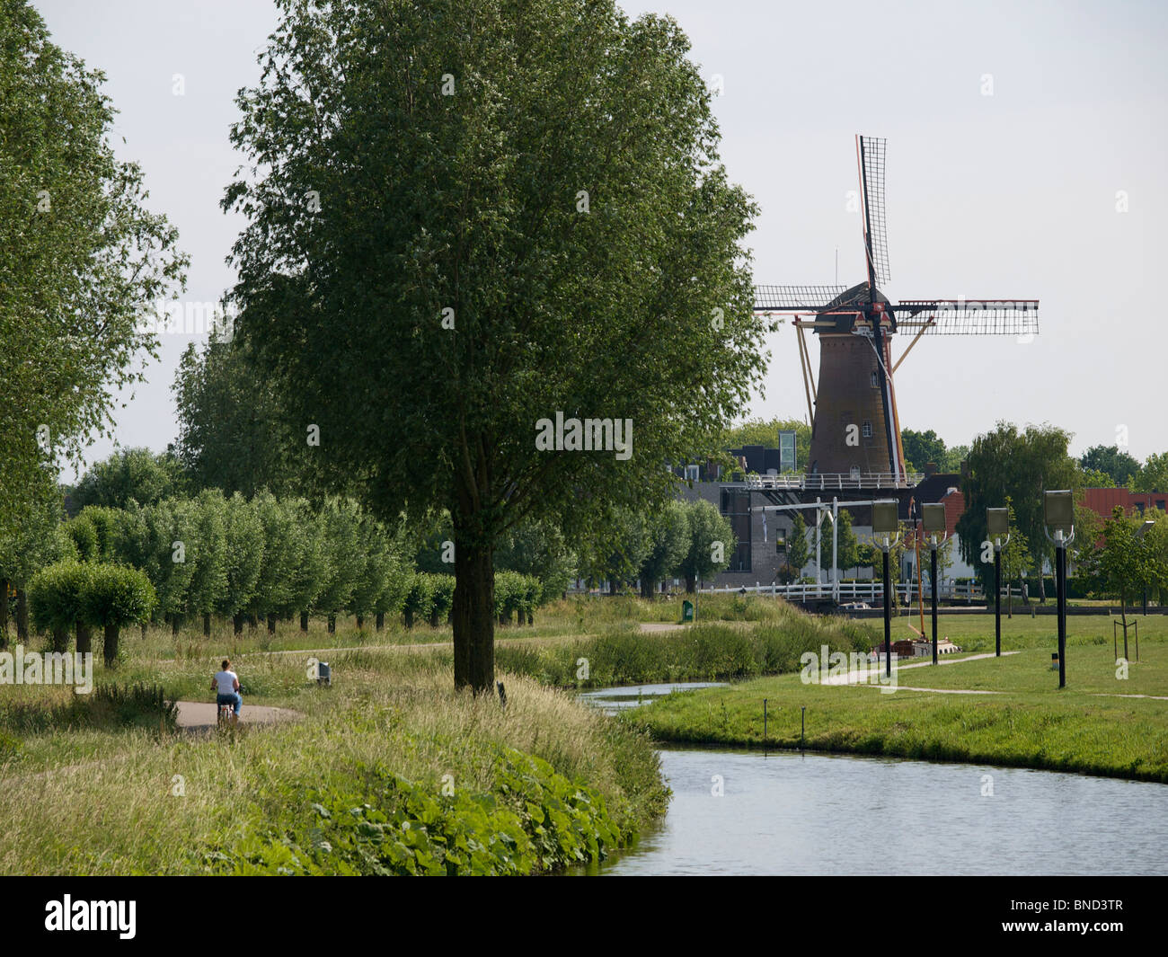 Woman bicycling along the water near Etten-Leur , Noord Brabant, the Netherlands with windmill Stock Photo