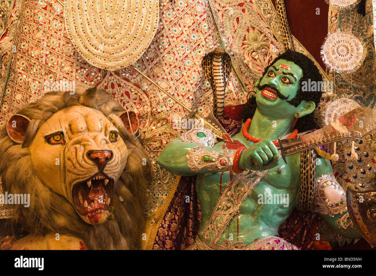 Godess Durga killing Mahishasura the demon king, Kolkata, West Bengal, India Stock Photo
