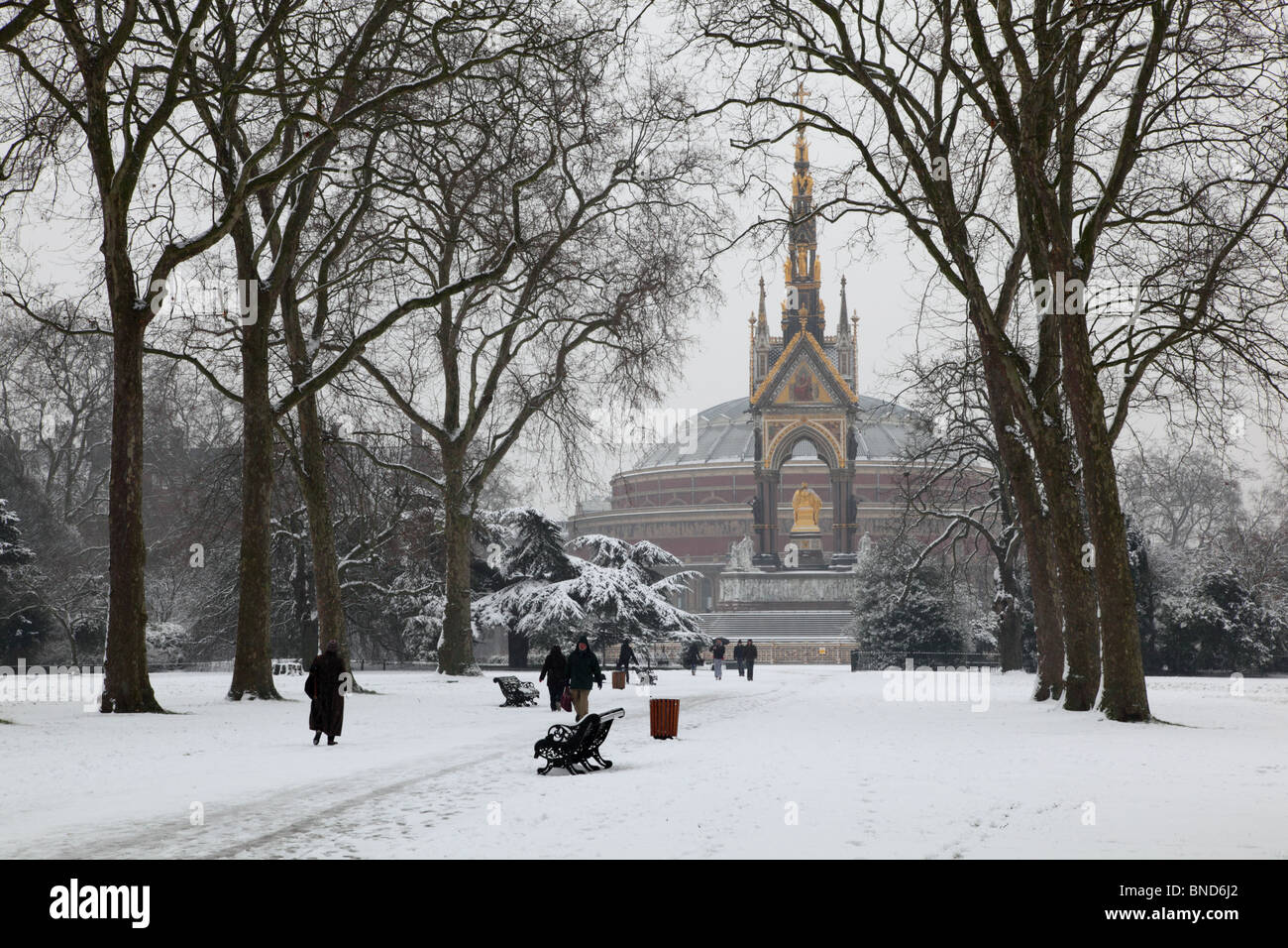 Winter view of the Albert Hall and Albert Memorial from Hyde Park, Westminster, London, SW7. Stock Photo