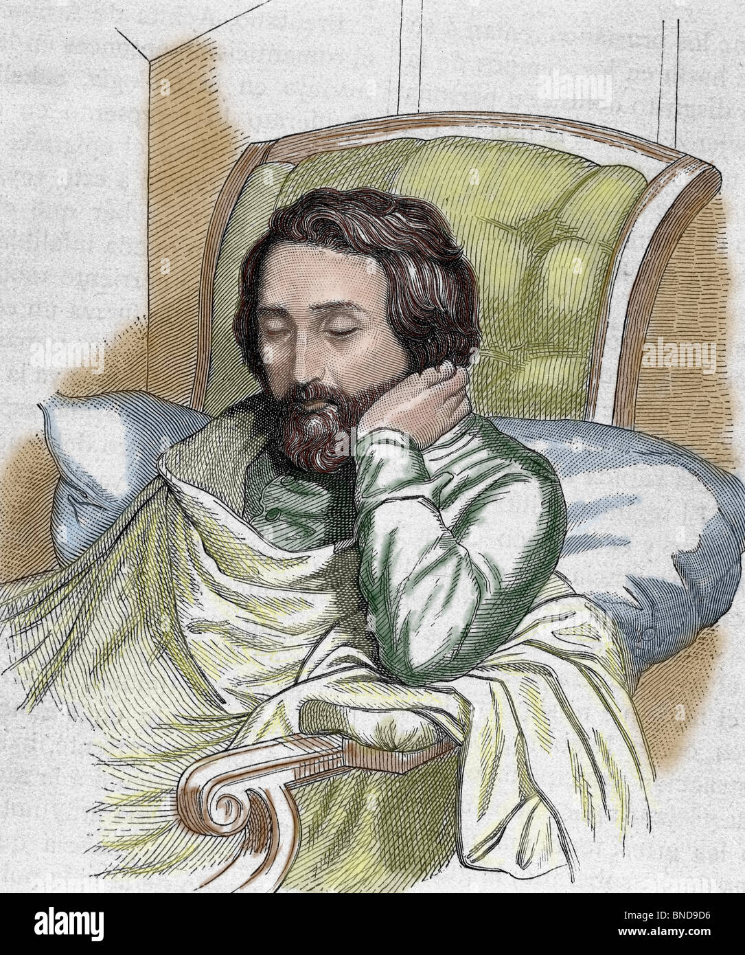 HEINE, Heinrich (Düsseldorf ,1797-Paris, 1856). German writer. Engraving by Weger and Singer, 1885. Coloured. Stock Photo