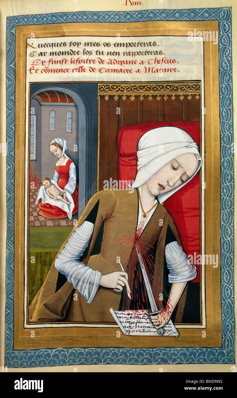 Woman Stabbing Herself & Writing with Her Blood, manuscript, France, Paris, Bibliotheque Nationale Stock Photo