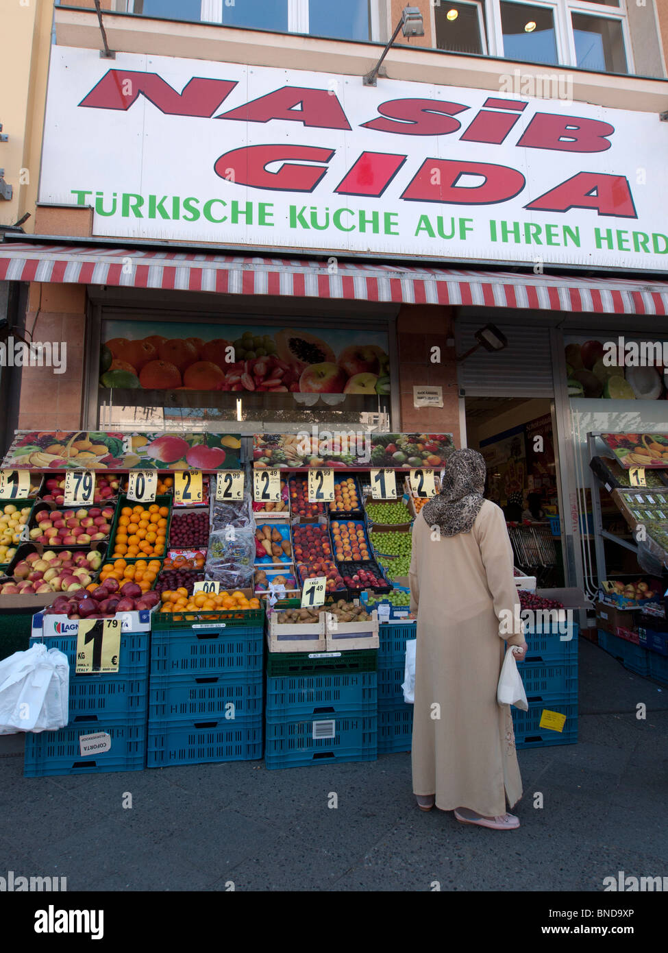 Fruit and vegetable green grocer shop in Turkish part of Kreuzberg in BErlin GErmany Stock Photo