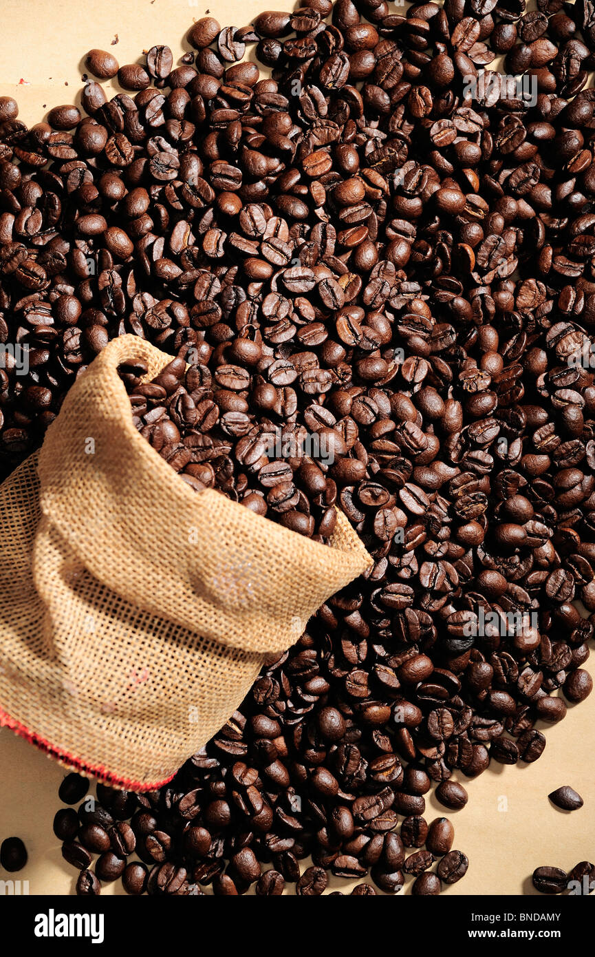 Irish Coffee beans spread out of a jute bag Stock Photo Alamy