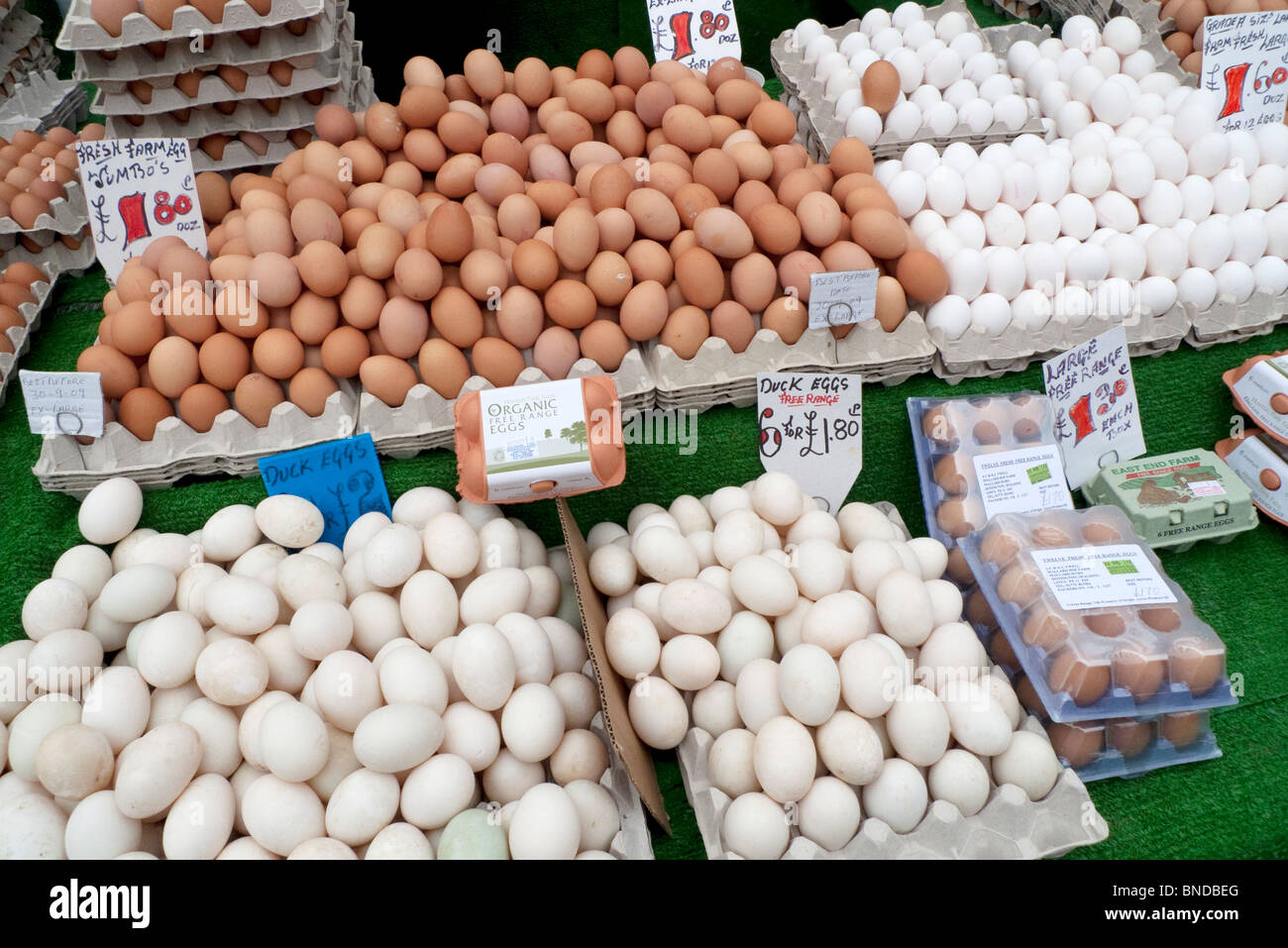 Eggs for sale on a market stall in Ridley Road Market, Dalston, East