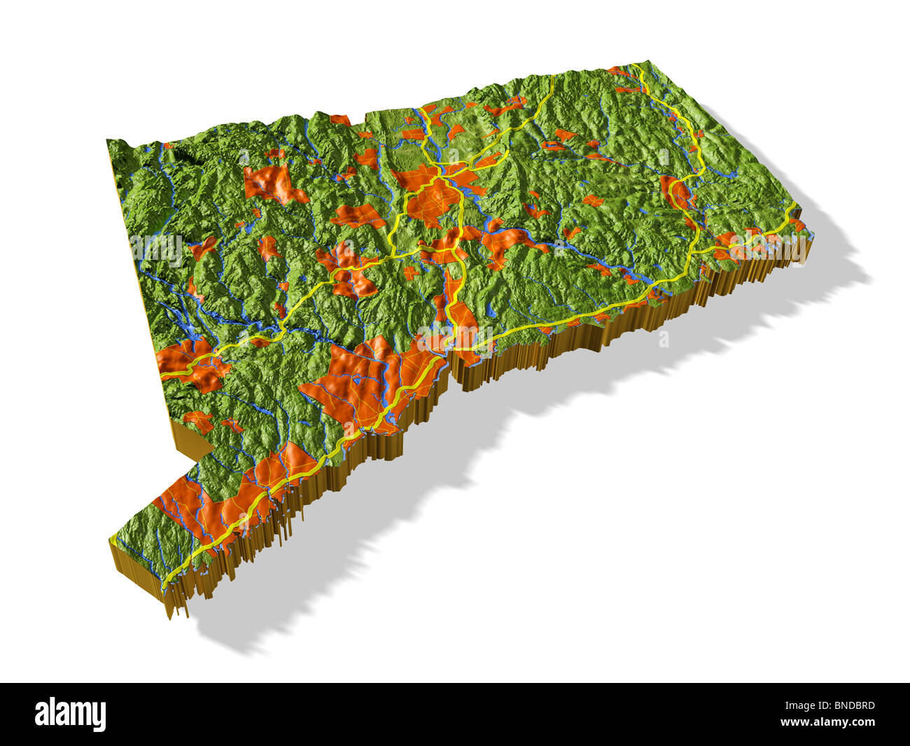 Connecticut, 3D relief map cut-out with urban areas, interstate highways and borders. Stock Photo