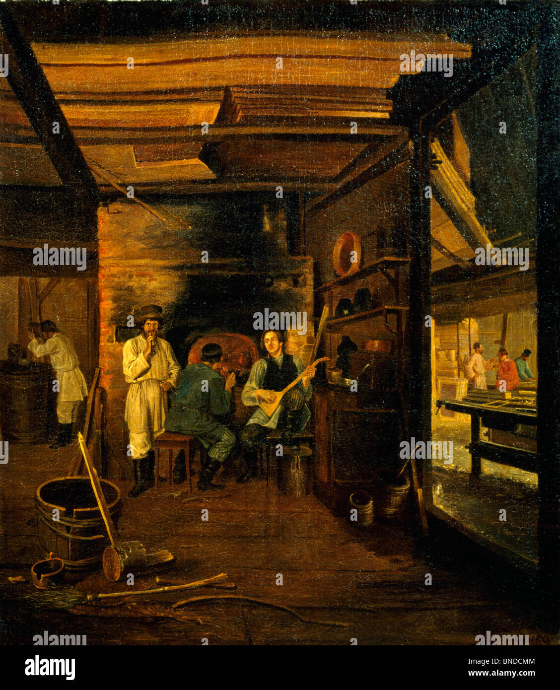 Russia, Tver Regional Art Gallery, Joiner's Shop by Lavr Kuzmich Plakhov, oil on canvas, circa 1833, (1810-1881) Stock Photo