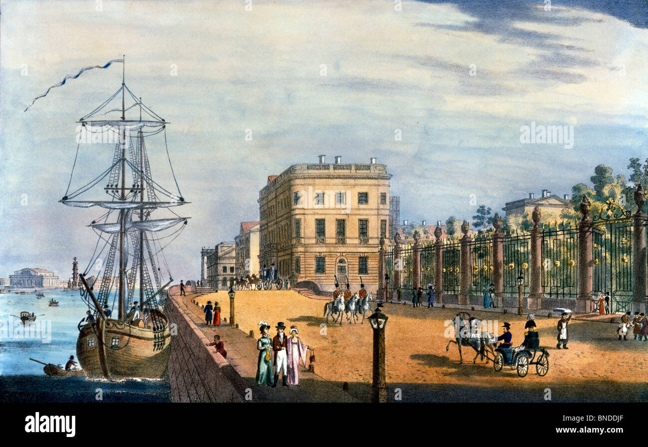 View of Neva Quay at Letny Summer Garden by unknown artist, lithograph, 1822 Stock Photo