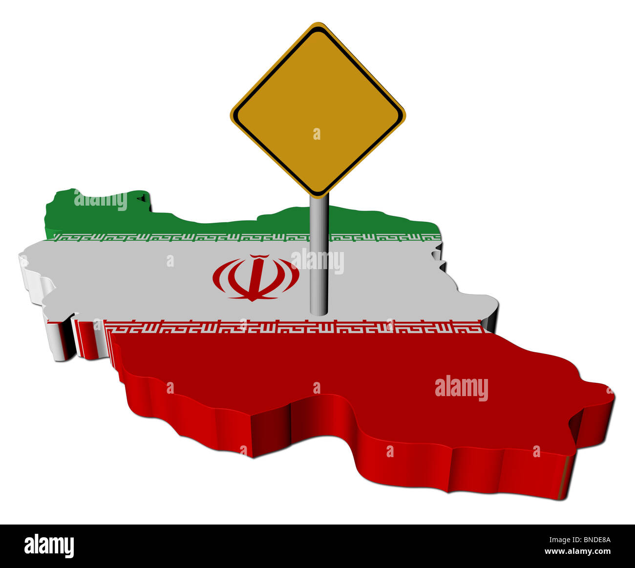 warning sign on Iran map flag illustration Stock Photo