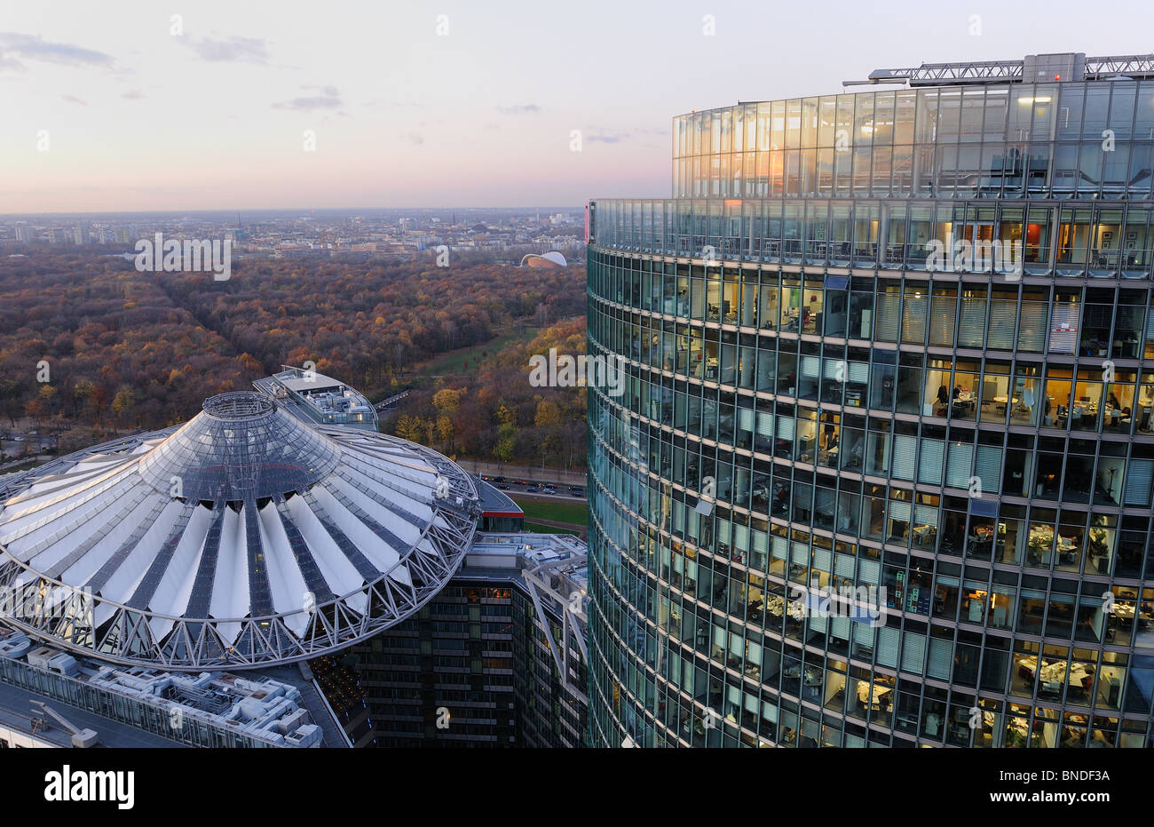 Potsdamer Platz. Sony Center, DB Tower and the autumnal Grosser Tiergarten park seen from above, Tiergarten, Berlin, Germany. Stock Photo