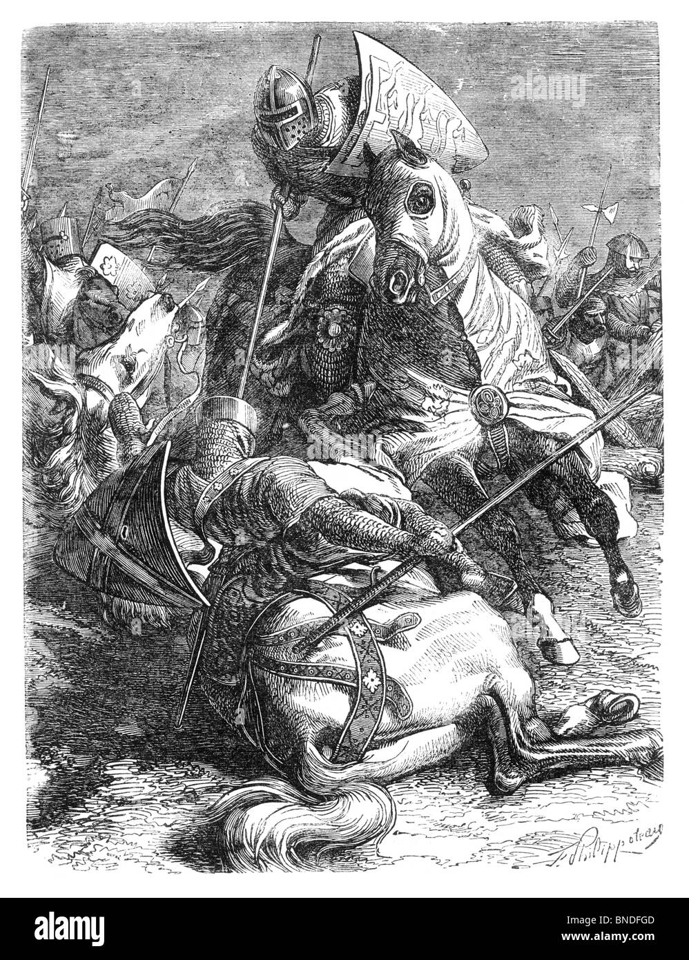 Black and White Illustration of Prince Edward in combat with the renegade Baron Adam Gourdon, circa 1267 Stock Photo