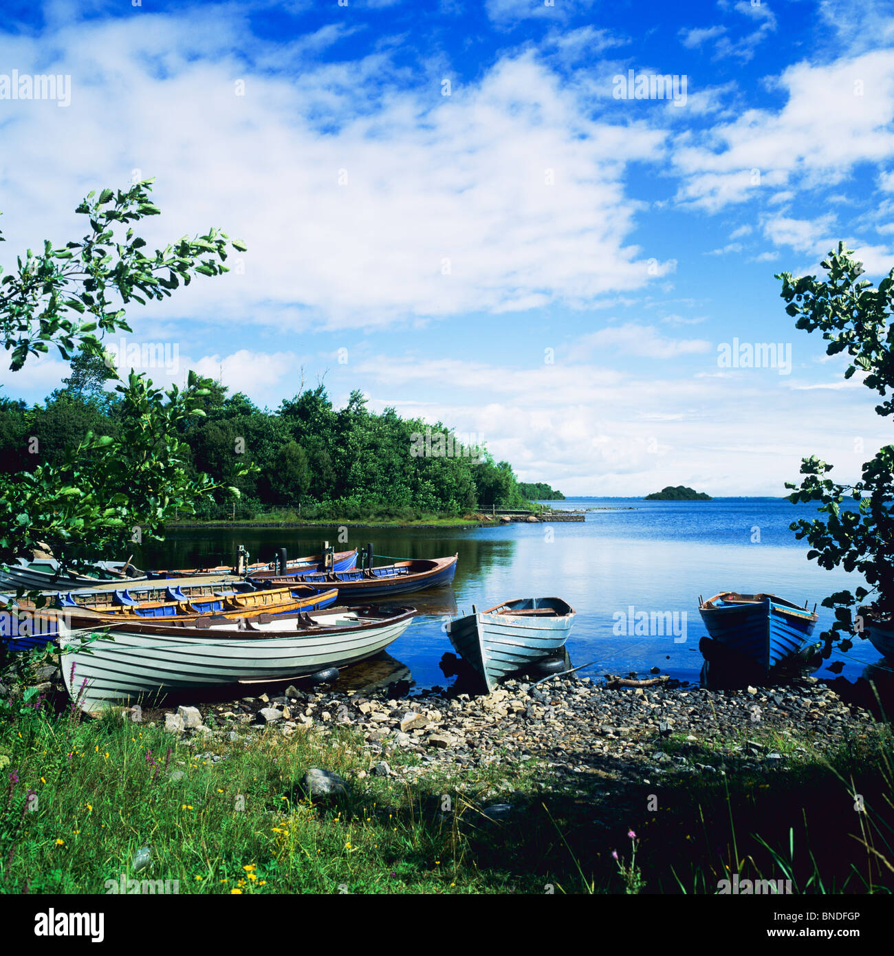 Fishing boats on the shore of "Lough Corrib" lake, Connemara, County
