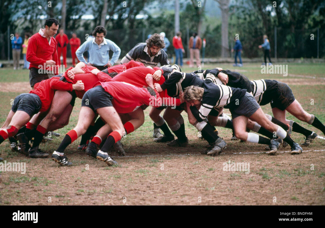 Rugby players in scrummage Stock Photo