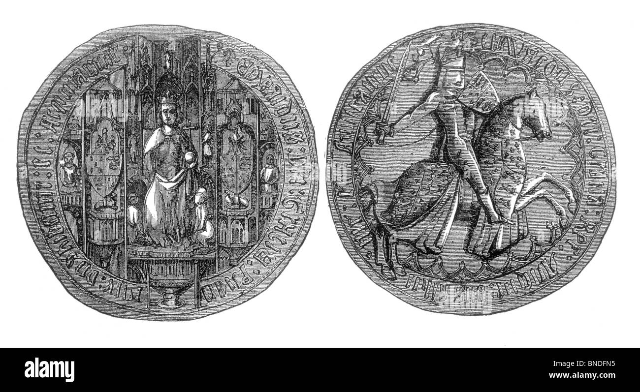 Black and White Illustration of the Great Seal of King Edward III of England Stock Photo