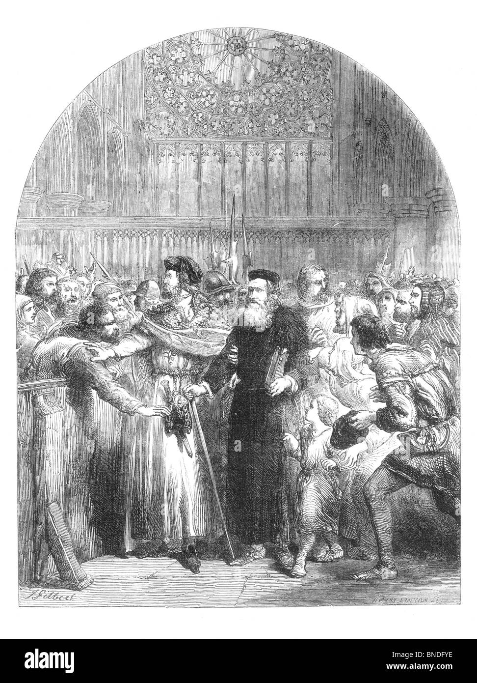 Black and White Illustration of John Wycliffe appearing before the prelates at St Paul's to answer the charge of heresy 1382 Stock Photo