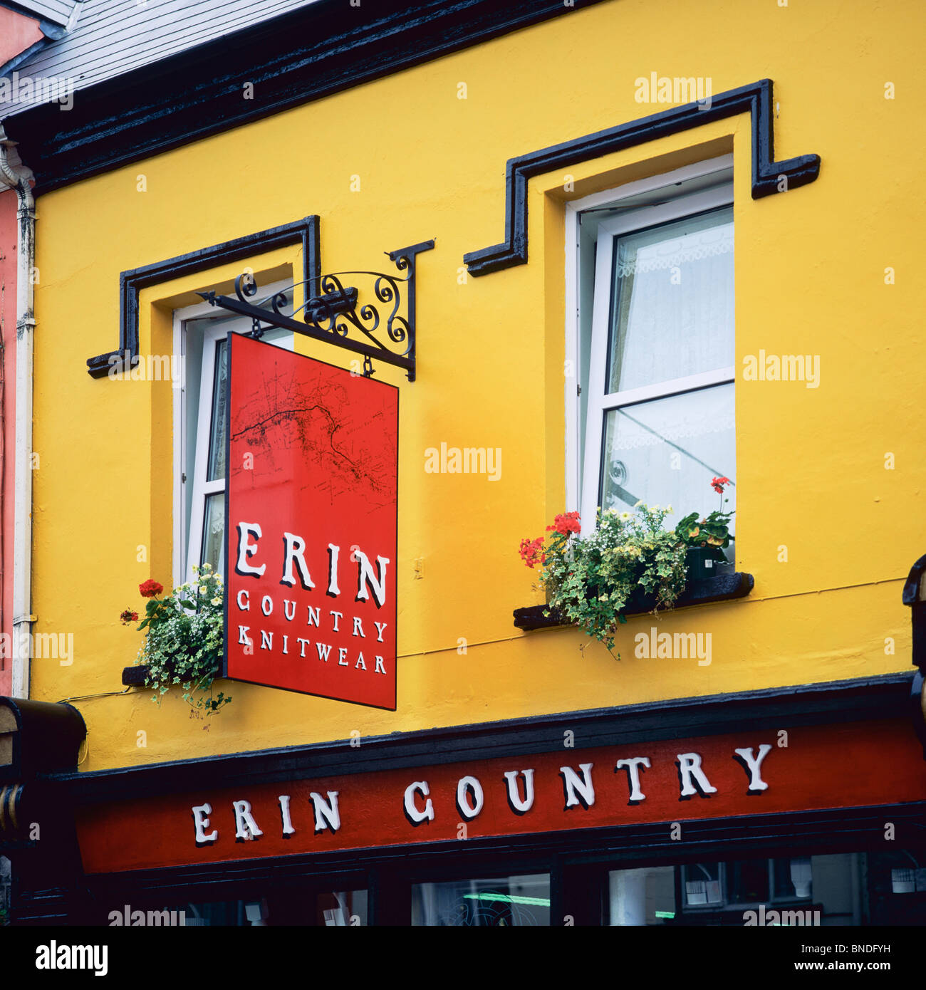 'Erin Country' knitwear shop's signs, Westport, County Mayo, Republic of Ireland Stock Photo