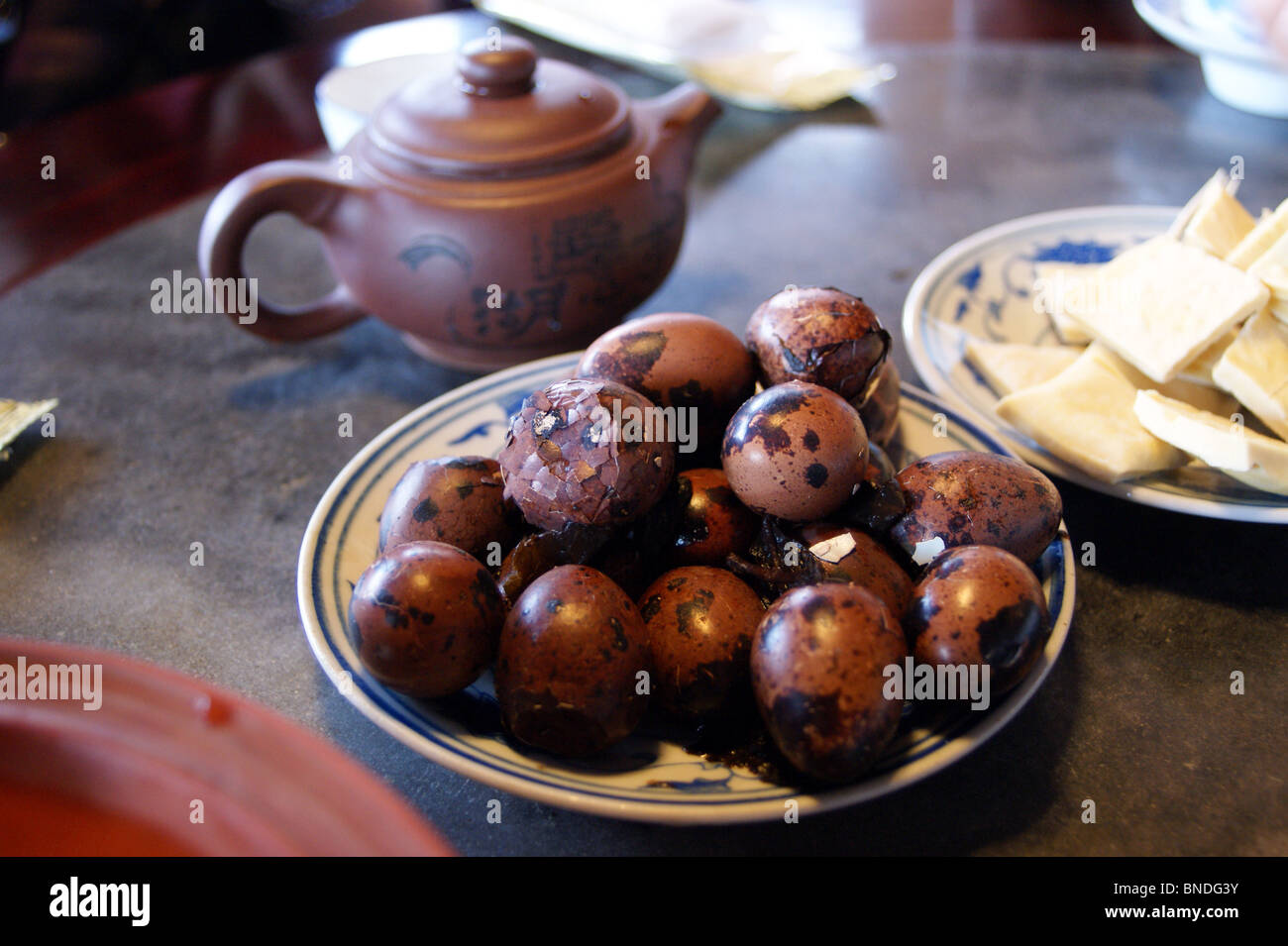 Chinese 'Tea eggs', quail's eggs hard-boiled in tea, Shanghai, China
