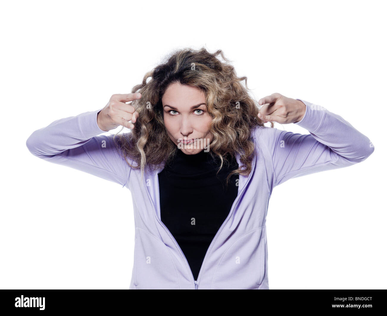 caucasian woman warn pointing portrait isolated studio on white ...