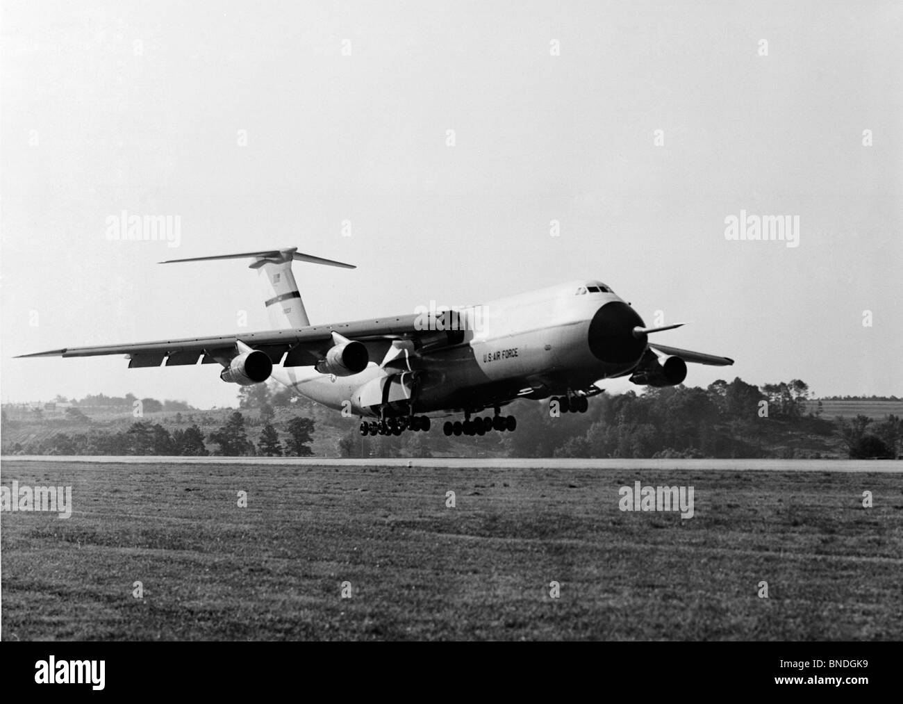 Military airplane taking off, C-5 Galaxy Stock Photo
