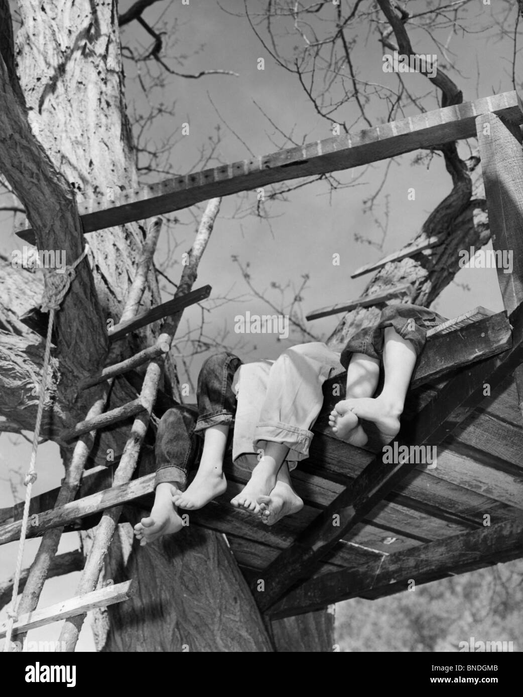 Low angle view of the legs and feet of three children in a tree house Stock Photo