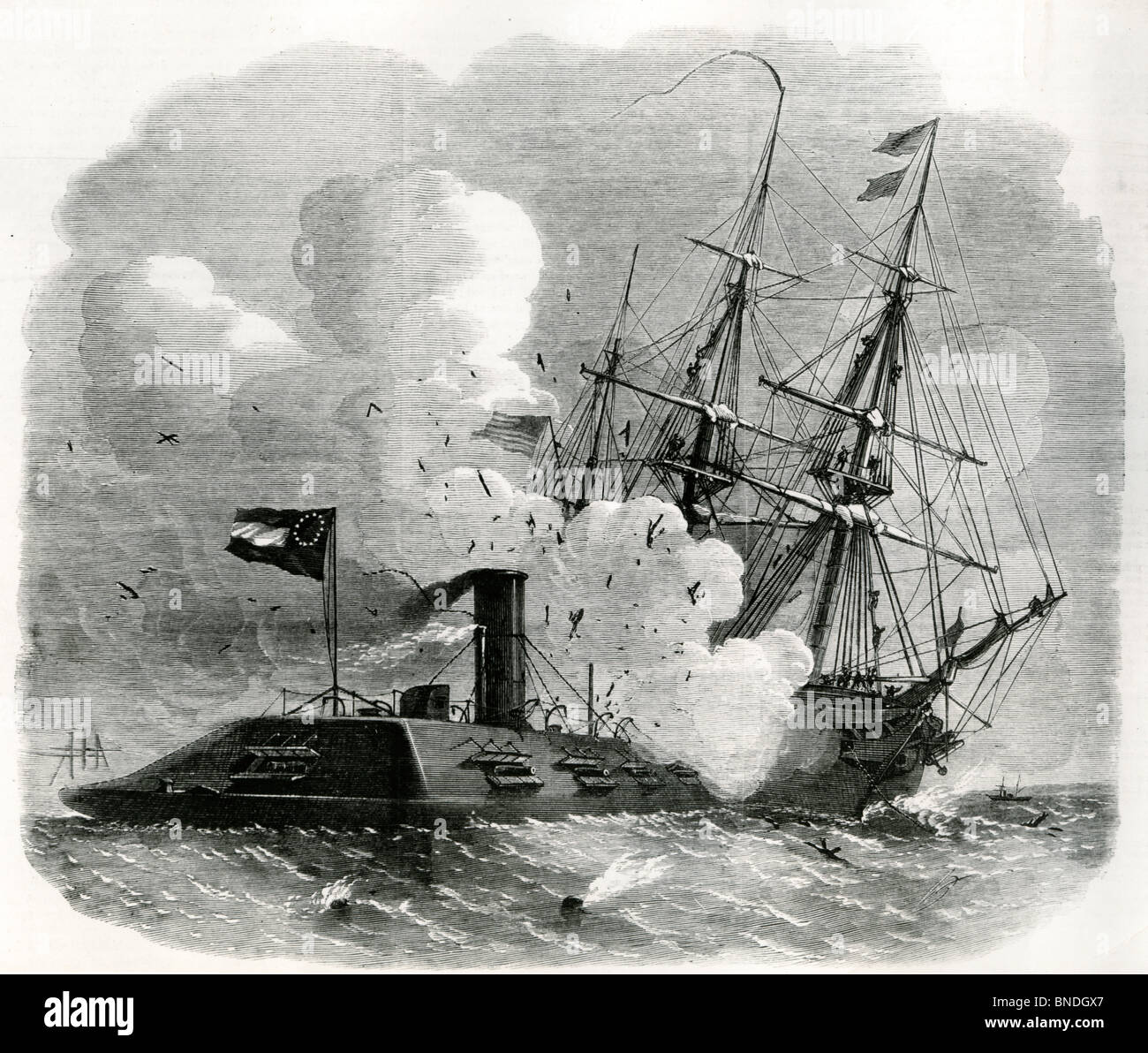 Naval Engagement in Civil War March 8, 1862   The "Merrimac" Ramming the Federal Sloop "Cumberland"  American History Stock Photo