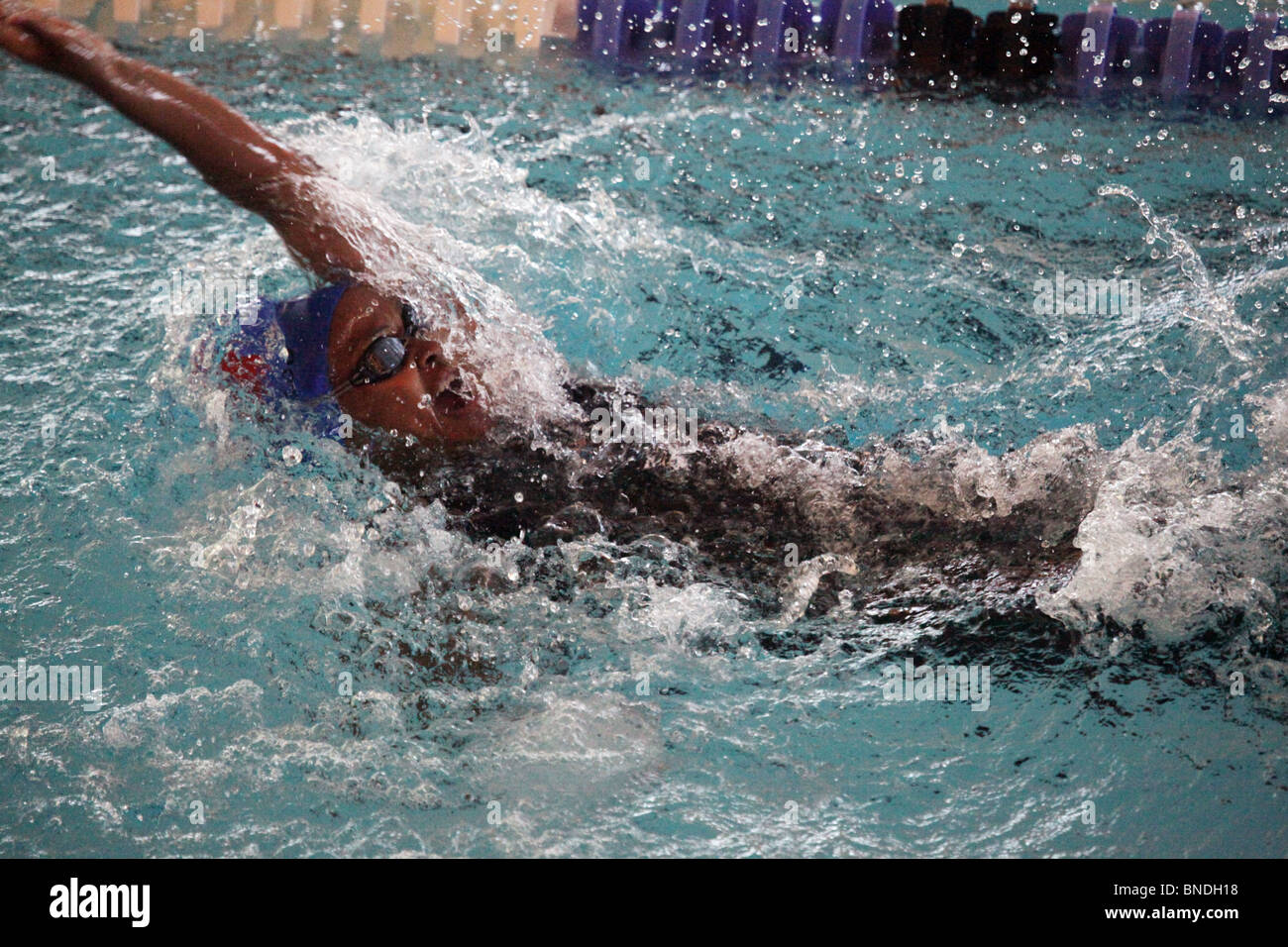 100m women's backstroke final Nicole Yearwood Bermuda at Natwest Island Games 2009, June 30 2009 Stock Photo