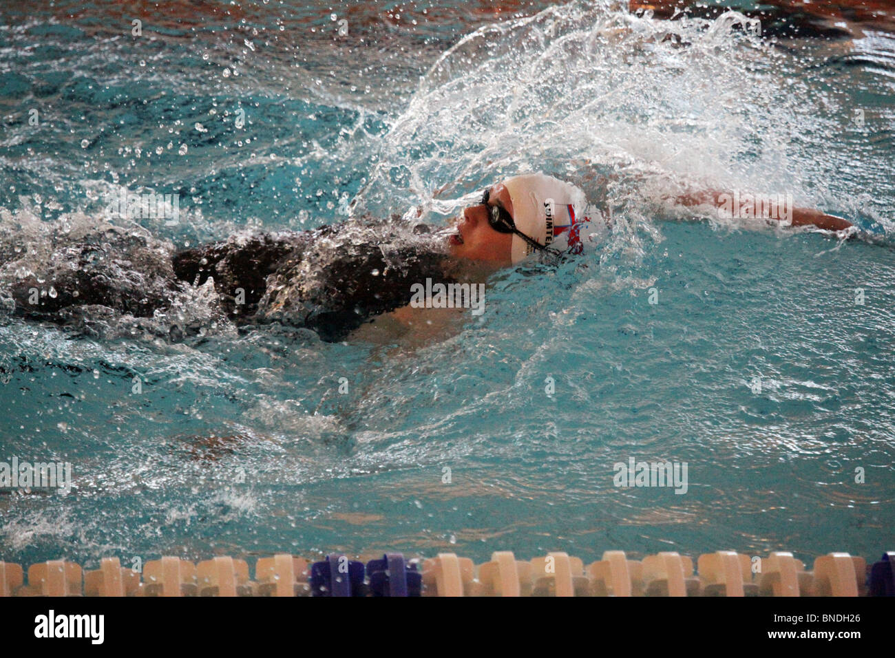 100m women's backstroke final Birita Debes Faroe Islands swimming at Natwest Island Games 2009, June 30 2009 Stock Photo