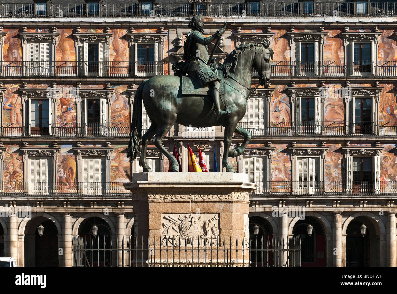 Statue of Philip III with the Casa de la Panaderia in the background in the Plaza Mayor, central Madrid, Spain. Stock Photo