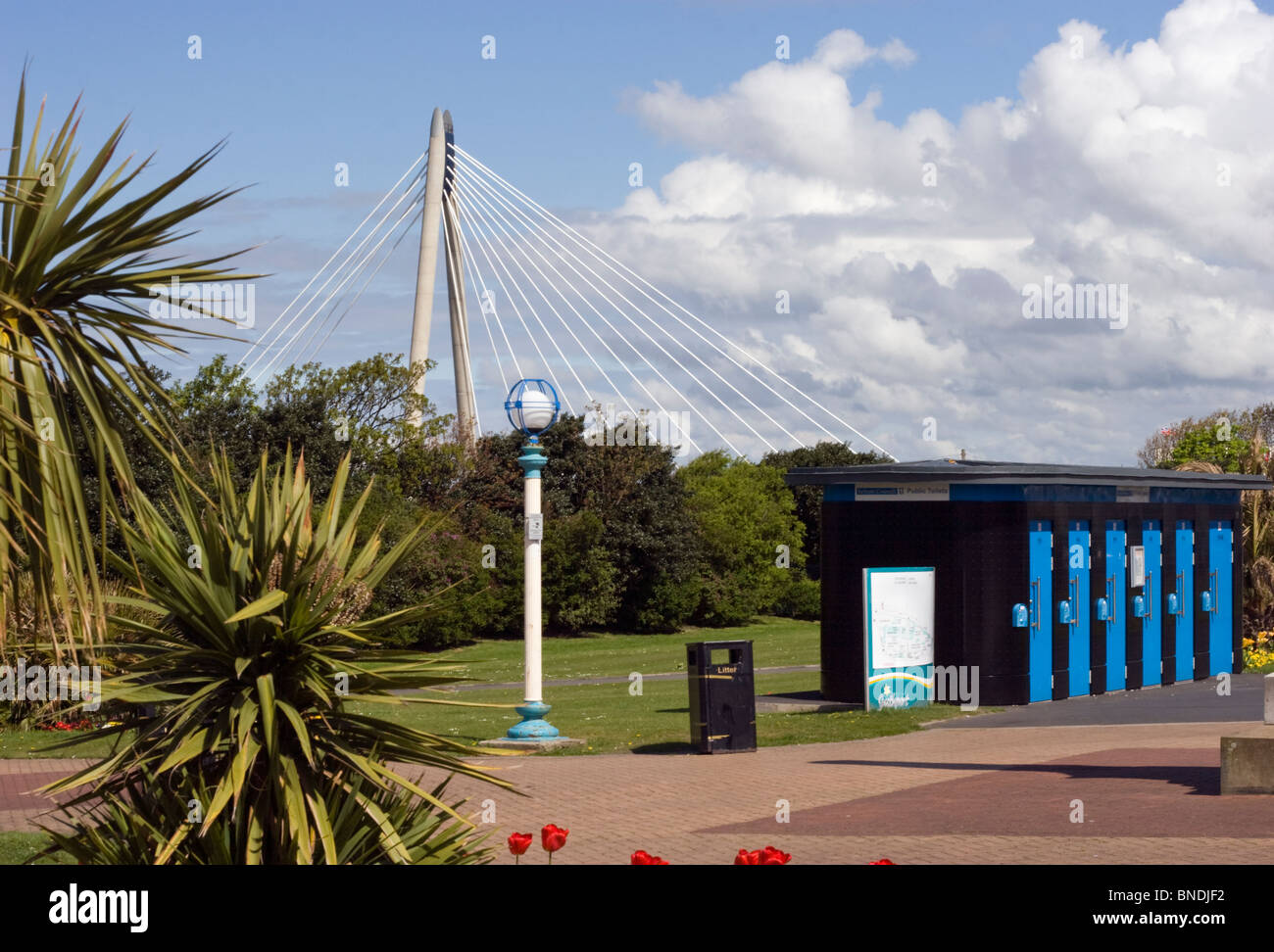 Marine Way bridge with gardens and public toilets in foreground at Southport Stock Photo