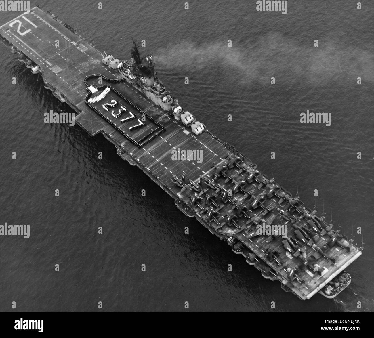 High angle view of an aircraft carrier in the sea, USS Boxer (CV-21), 1951 Stock Photo