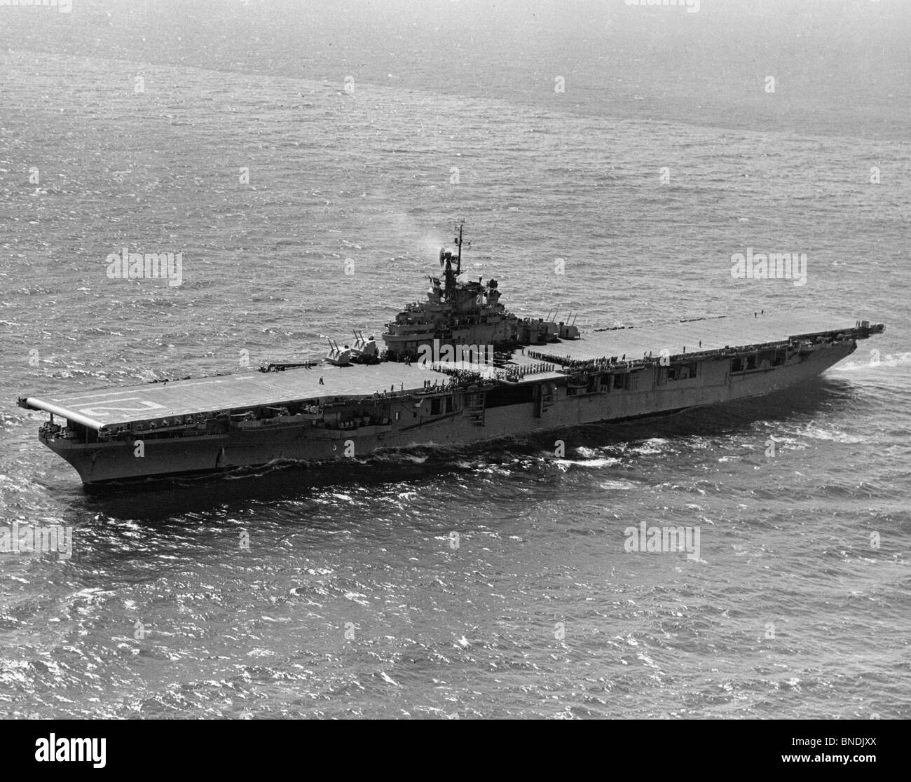 High angle view of an aircraft carrier in the sea, USS Boxer (CV-21) Stock Photo