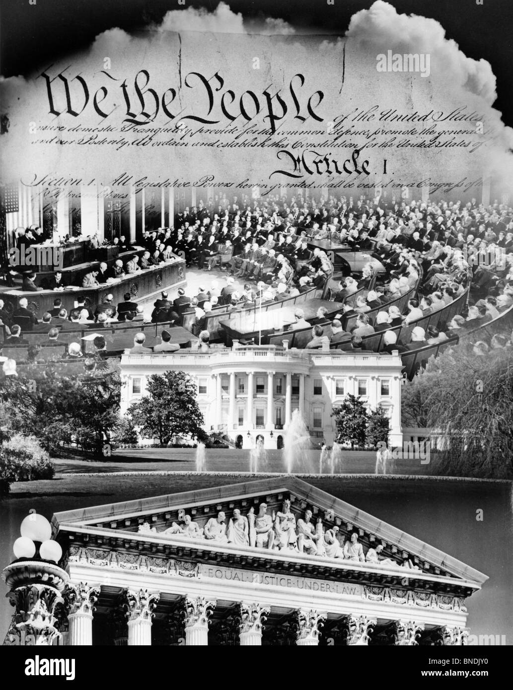 Members of US congress with the White House and US Supreme Court superimposed on the US Constitution, Washington DC, USA Stock Photo