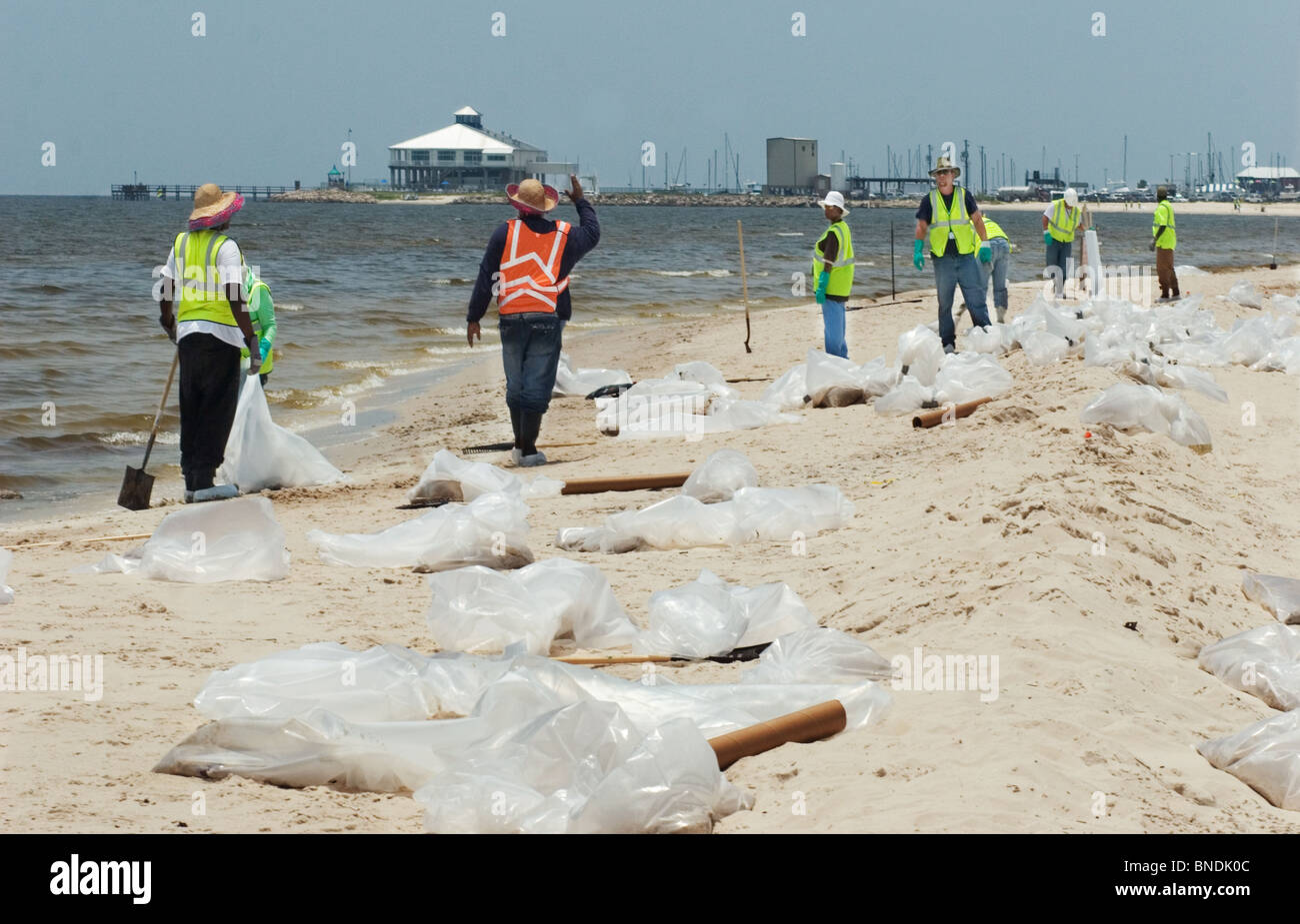 Cleaning up the beaches in Pass Christian, Mississippi during the BP oil spill.  July, 2010. Stock Photo