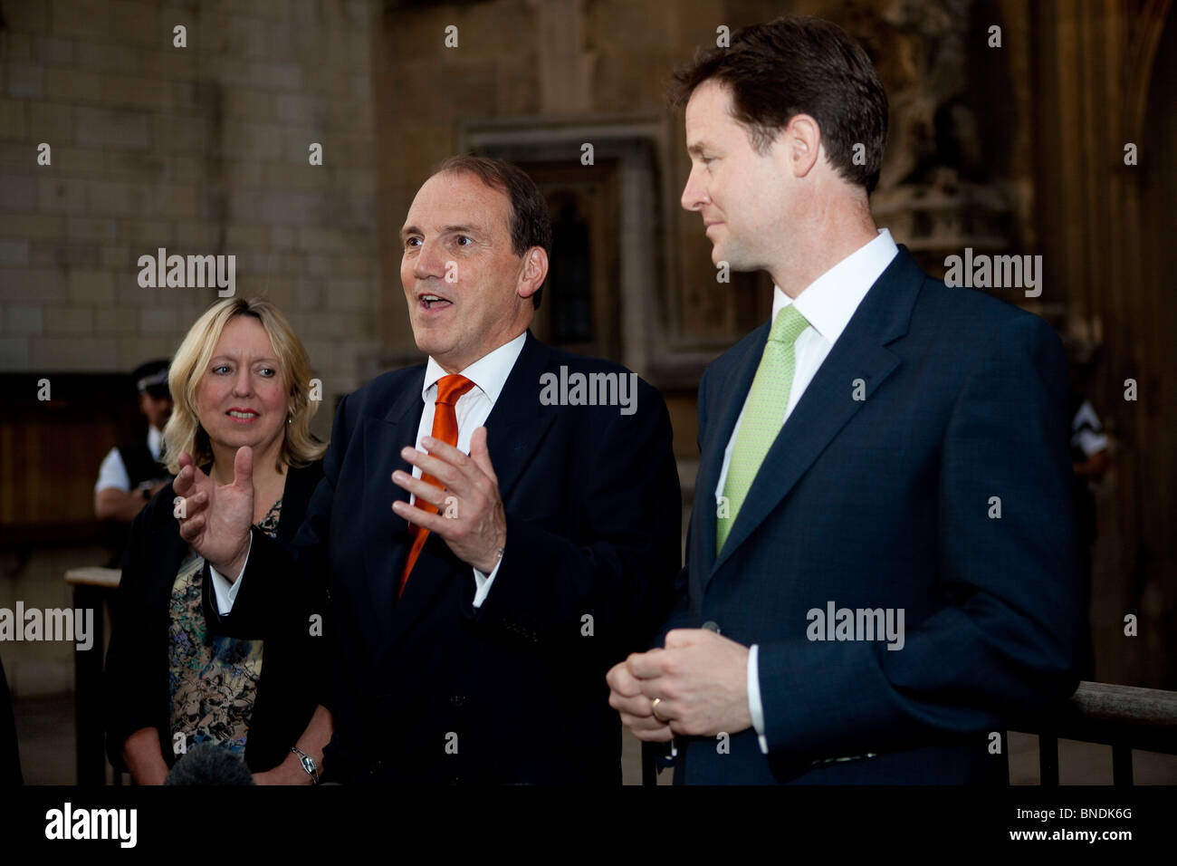 Nick Clegg and Simon Hughes speak to the press outside Parliament following Mr Hughes' election to Lib Dem Deputy Leader Stock Photo