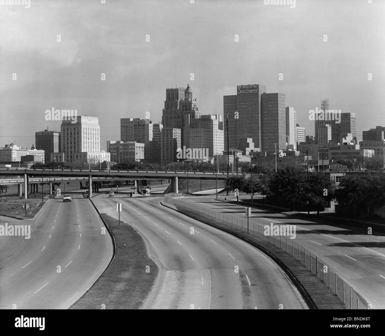 High angle view of a multiple lane highway with skyscrapers in the background, Houston, Texas, USA Stock Photo