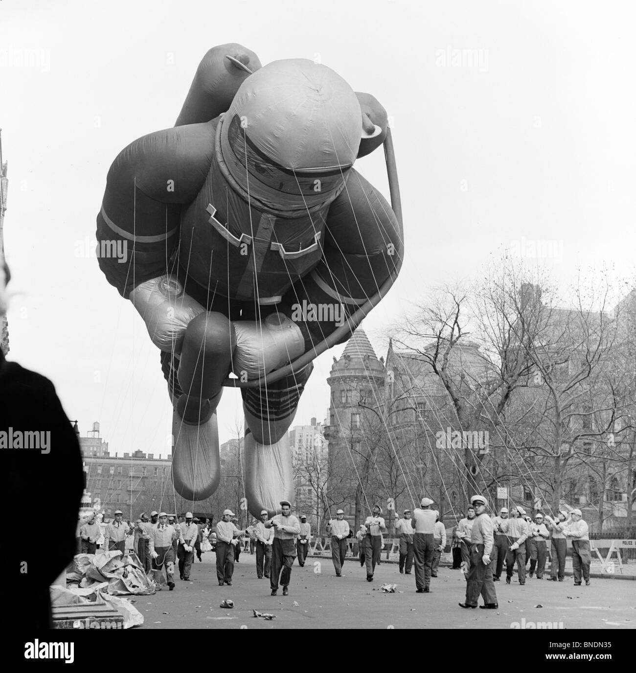 Group of people walking in a parade, Macy's Thanksgiving Day Parade, New York City, New York State, USA, 1966 Stock Photo