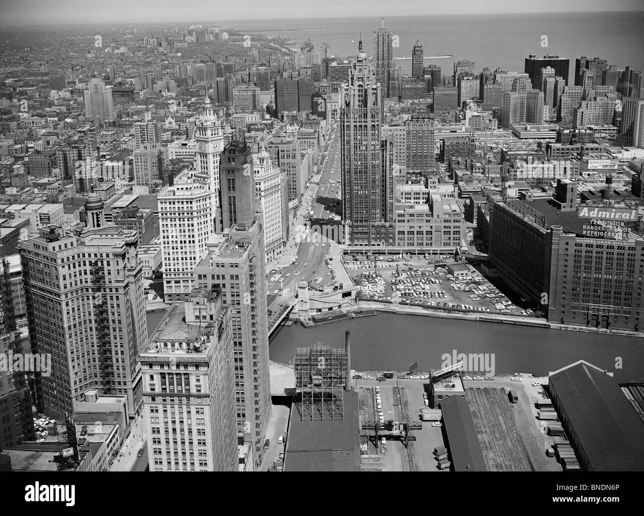 Aerial view of skyscrapers in a city, Chicago River, Chicago, Illinois, USA Stock Photo