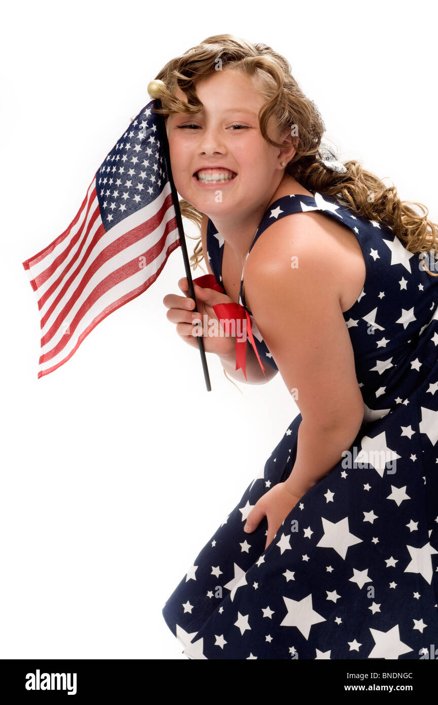 Portrait of young girl with American Flag Stock Photo