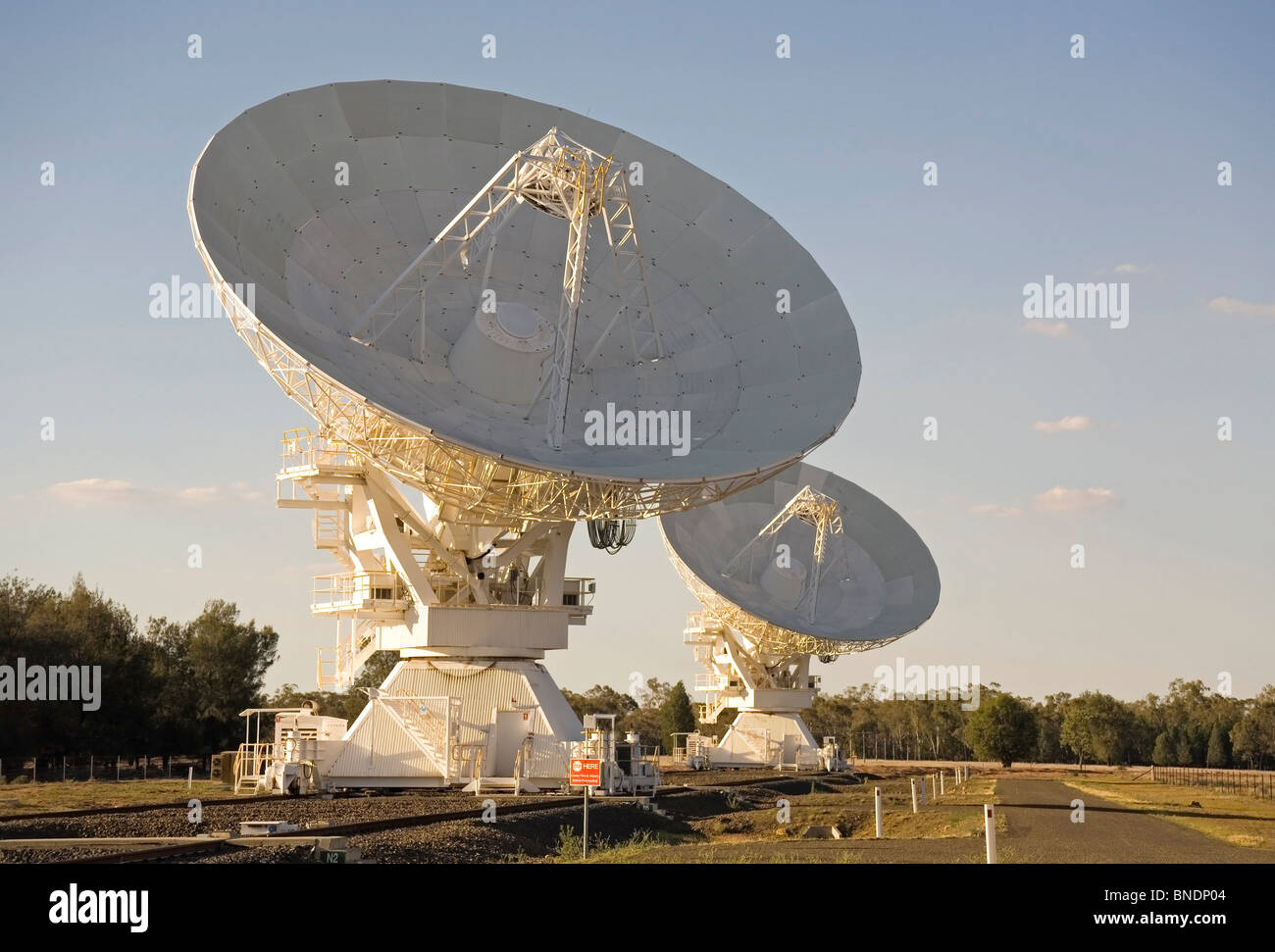 Two Compact Array Telescopes used for scientific research, Paul Wild Observatory, Narrabri, western NSW, Australia Stock Photo