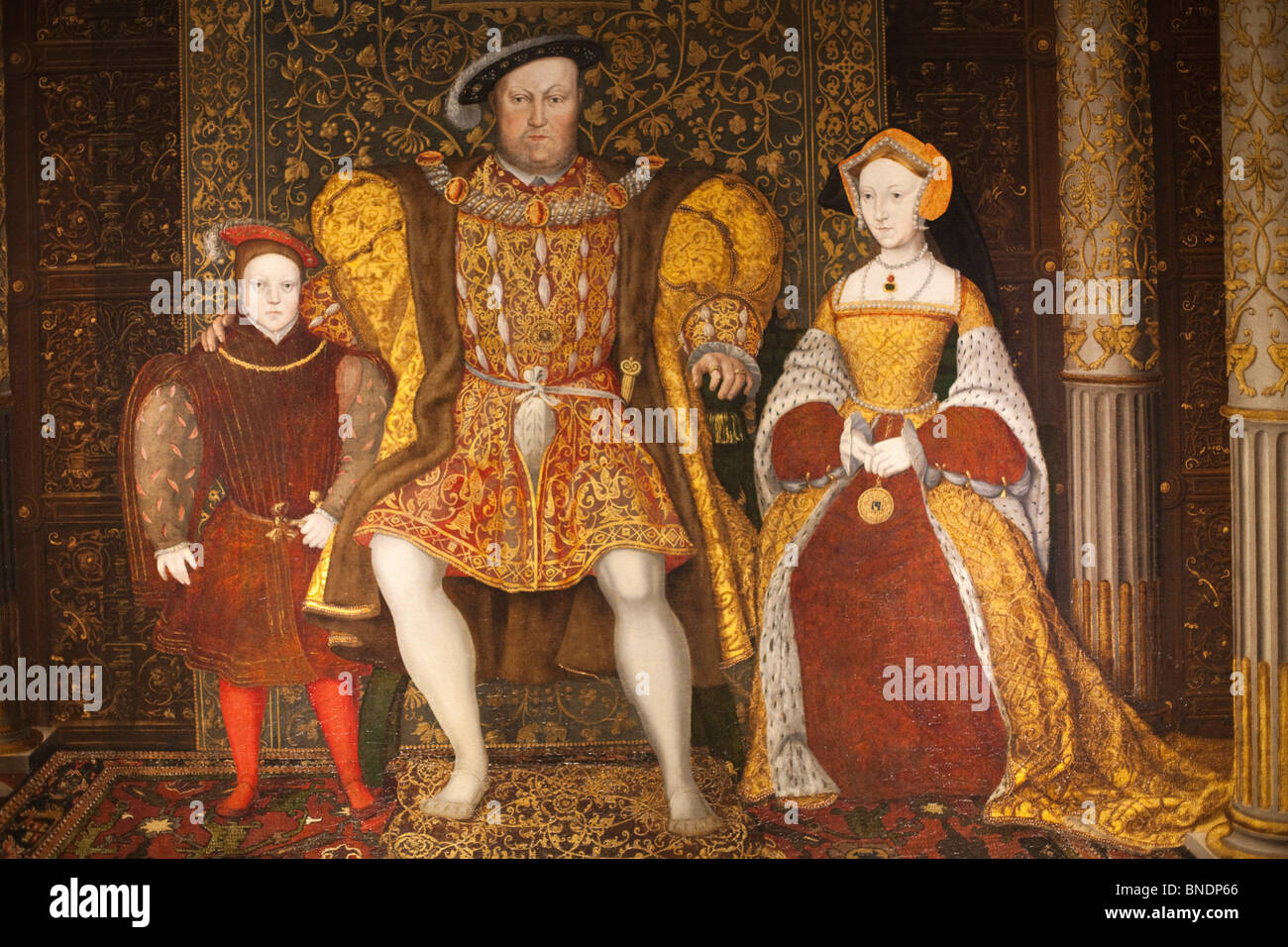 Portrait of Henry VIII, Jane Seymour and Prince Edward, The Great Hall, Hampton Court Palace, London, England Stock Photo