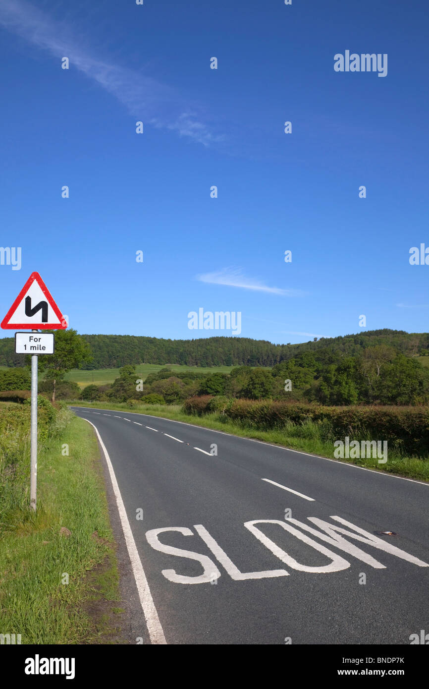 Double curve sign at the roadside, England Stock Photo