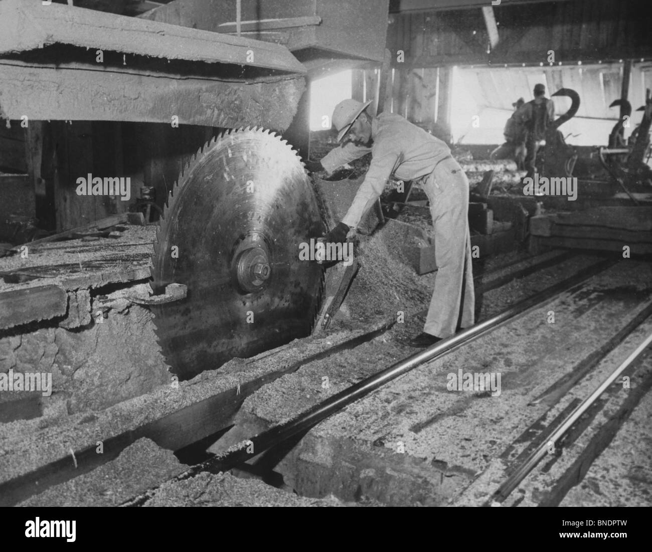 Side profile of a worker in a lumber mill, Lumber Mill, Pine Bluff, Arkansas, USA, 1941 Stock Photo